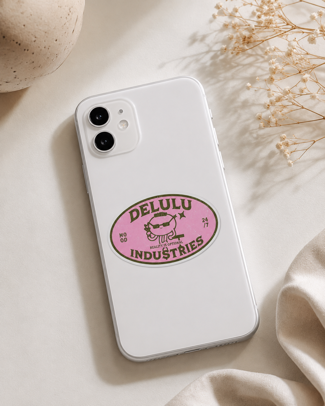 Delulu Industries Sticker – Retro Pink Badge